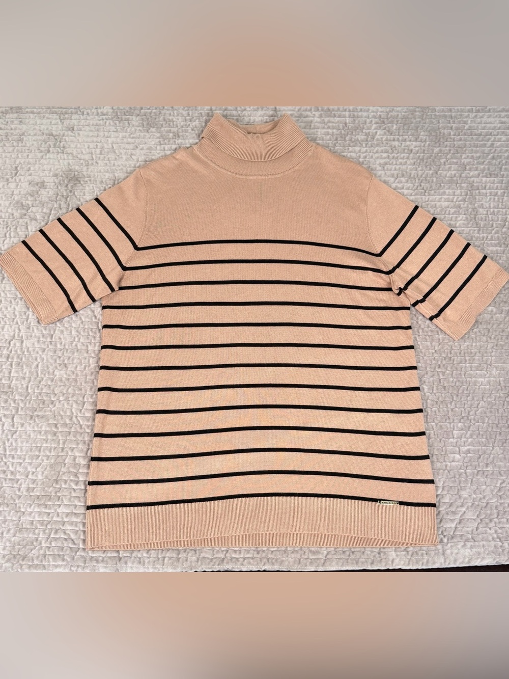 ANNE KLEIN Striped Turtleneck Sweater Short Sleeve Size‎ Large Camel Black NWT